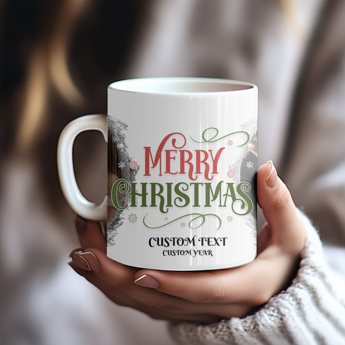 Customizable Merry Christmas mug featuring festive design and space for personalized text and year.