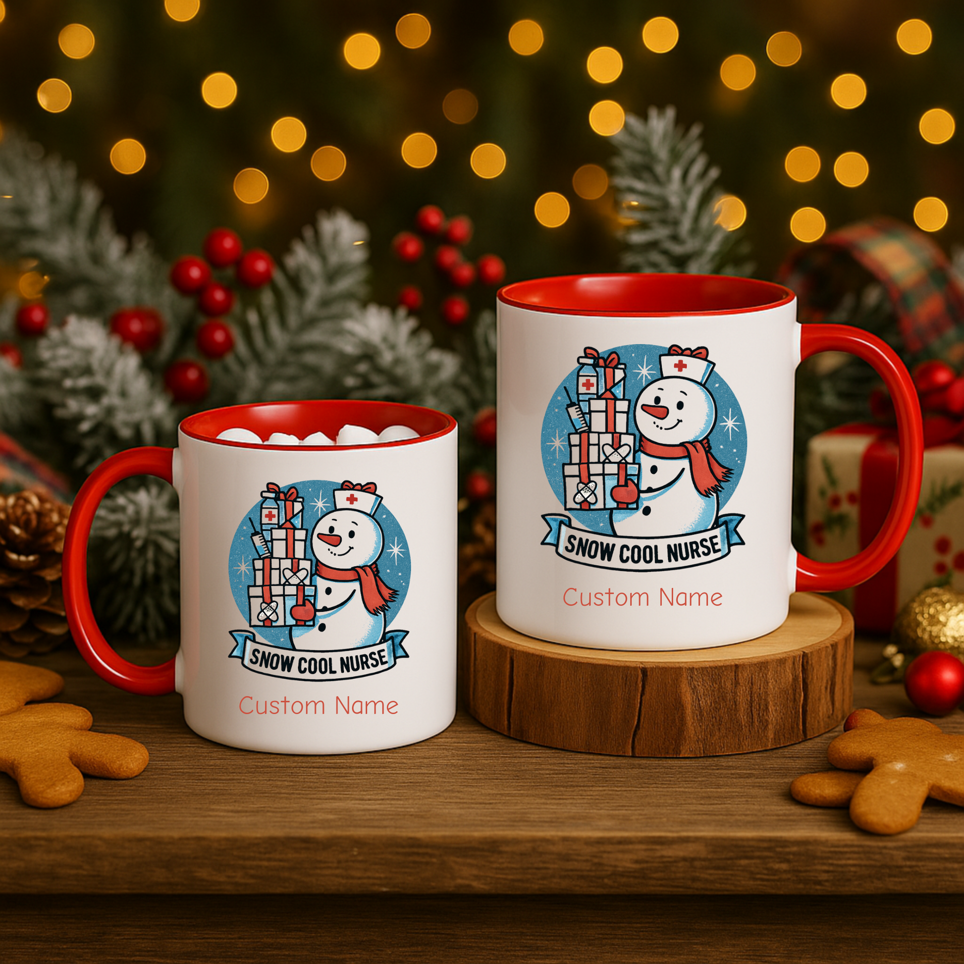 Personalized Snowman Nurse Mugs with festive designs and custom names, perfect holiday gift for nurses.