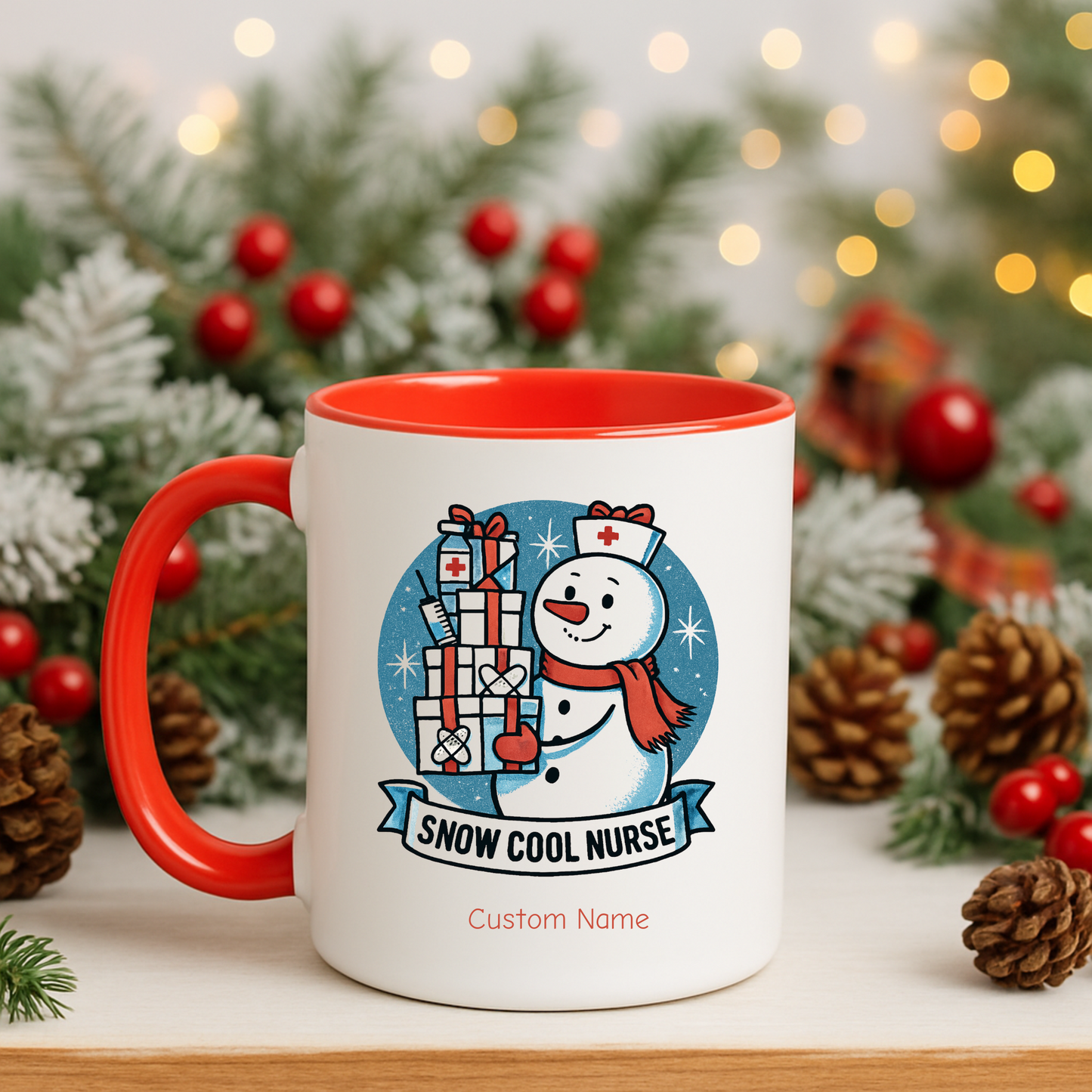 Personalized Snowman Nurse Mugs with festive designs and custom names, perfect holiday gift for nurses.