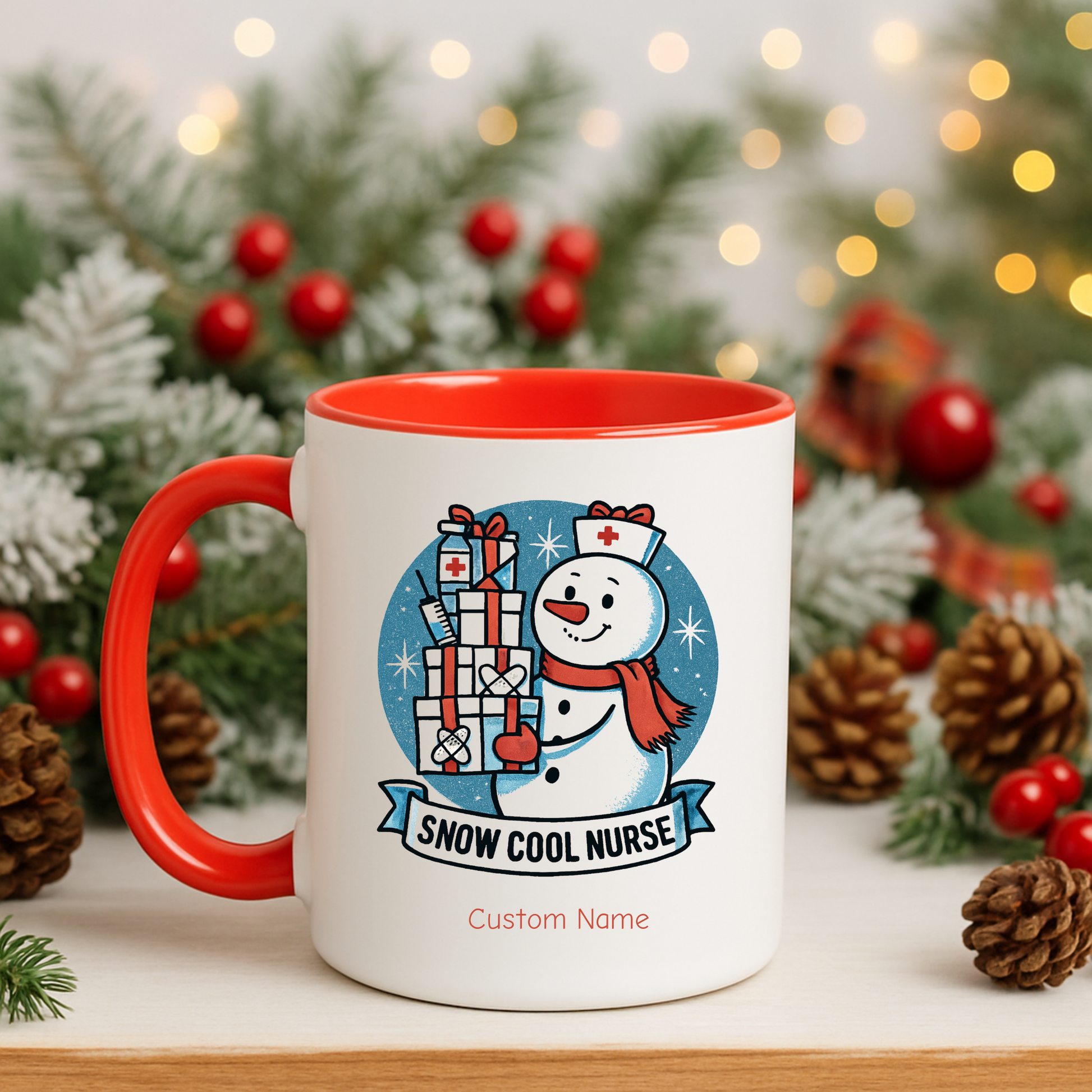 Personalized Snowman Nurse Mugs with festive designs and custom names, perfect holiday gift for nurses.