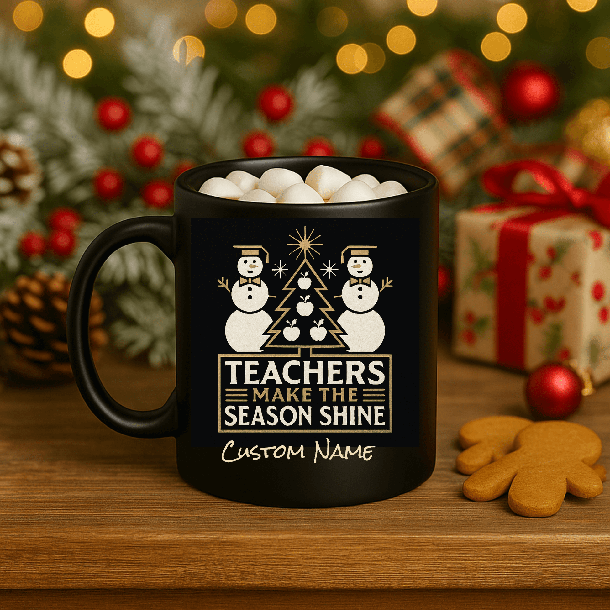 Personalized Teacher Holiday Mug with snowmen and festive design, perfect gift for educators this Christmas.