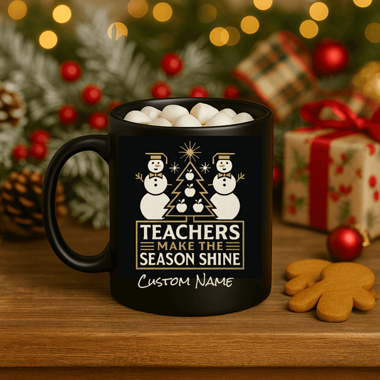 Personalized Teacher Holiday Mug with snowmen and festive design, perfect gift for educators this Christmas.