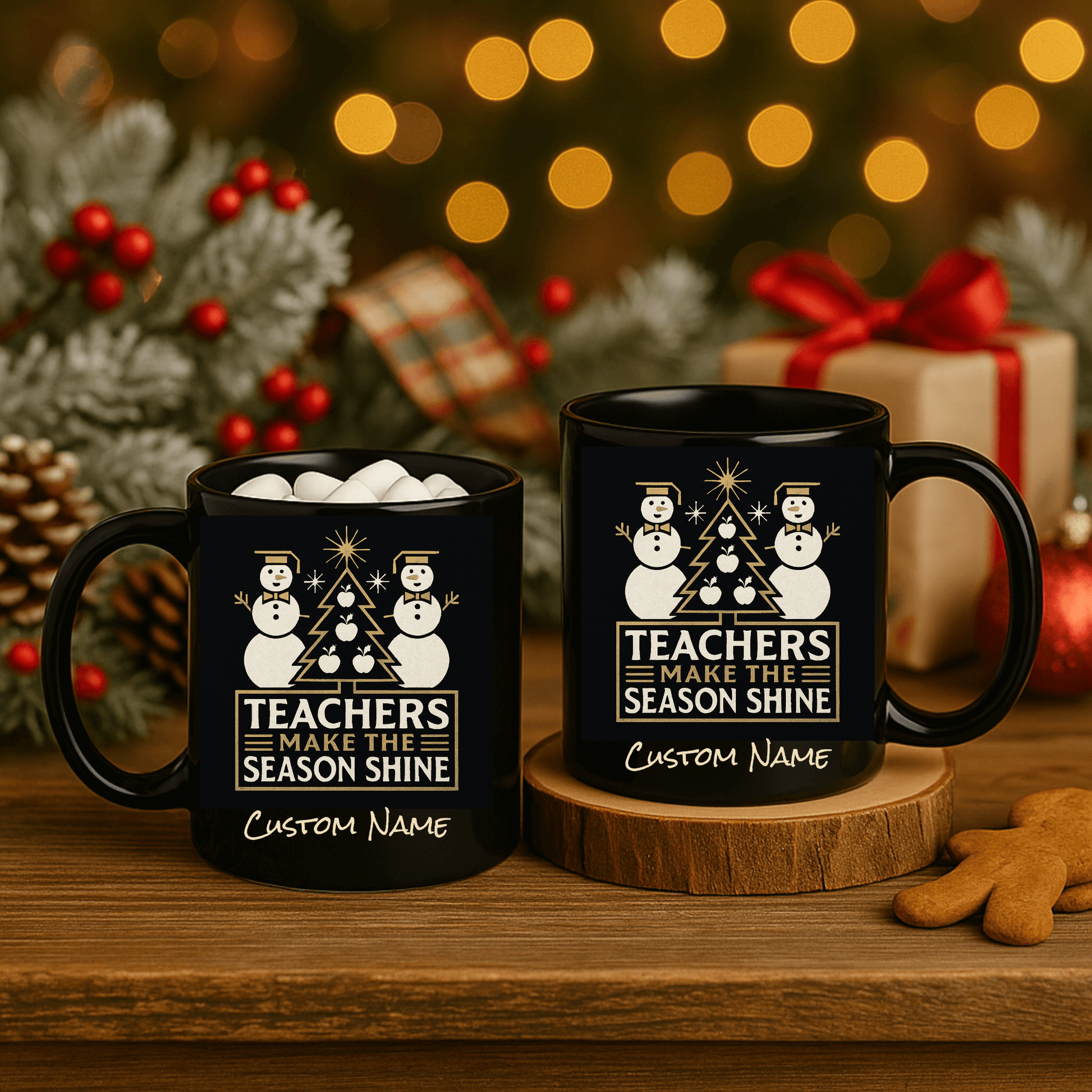 Personalized Teacher Holiday Mug with snowmen and festive design, perfect gift for educators this Christmas.