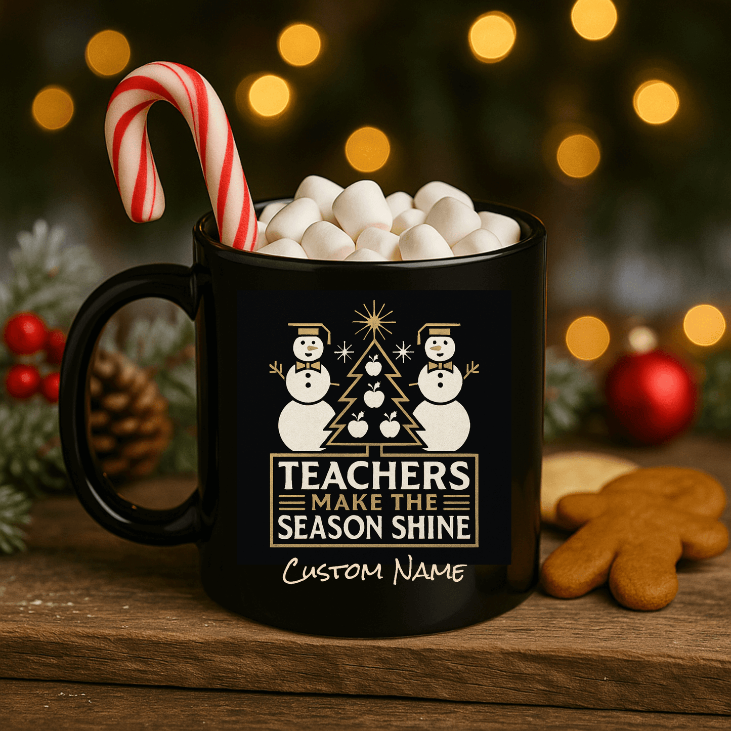 Customizable black mug featuring snowmen and the text 'Teachers Make the Season Shine' with holiday decorations.