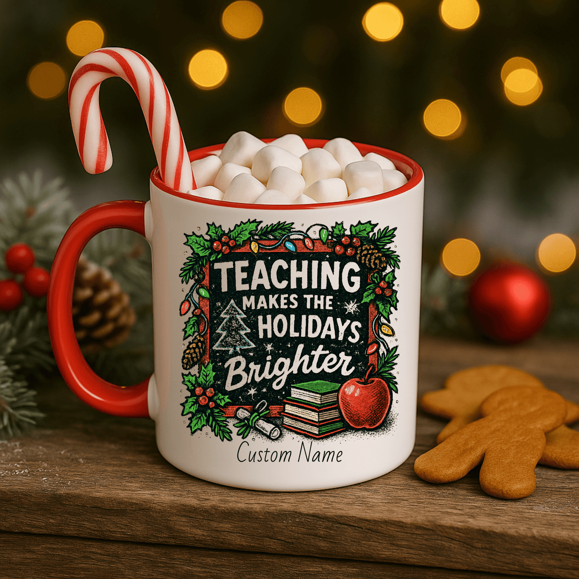 Personalized teacher holiday mug with festive design, marshmallows, and candy cane for a joyful gift.