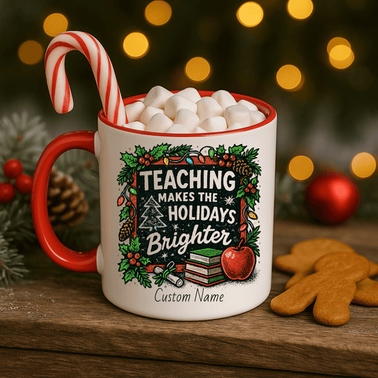 Personalized teacher holiday mug with festive design, marshmallows, and candy cane for a joyful gift.
