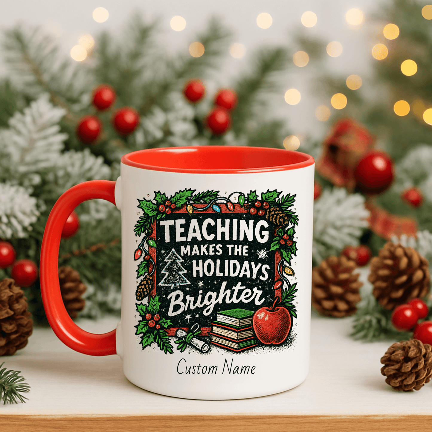 Personalized teacher holiday mug with festive design, marshmallows, and candy cane for a joyful gift.