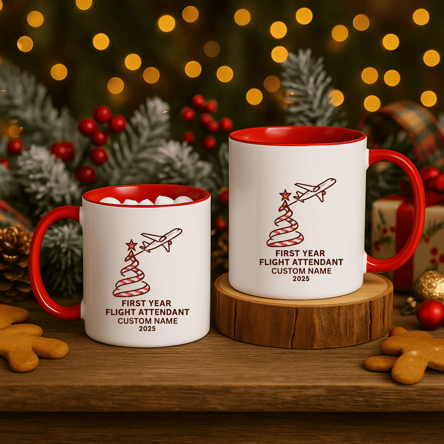 Custom first year flight attendant mugs with festive design, perfect for holiday keepsakes in aviation.
