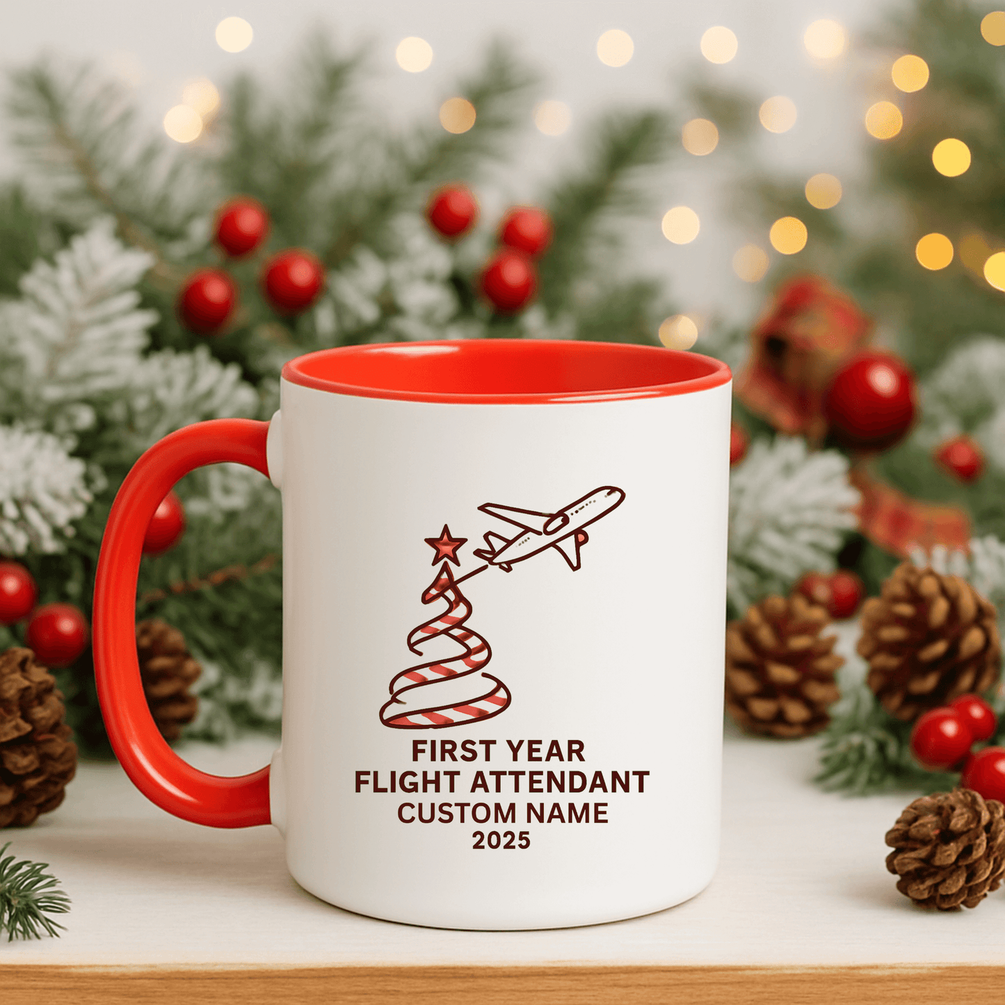 Custom first year flight attendant mugs with festive design, perfect for holiday keepsakes in aviation.