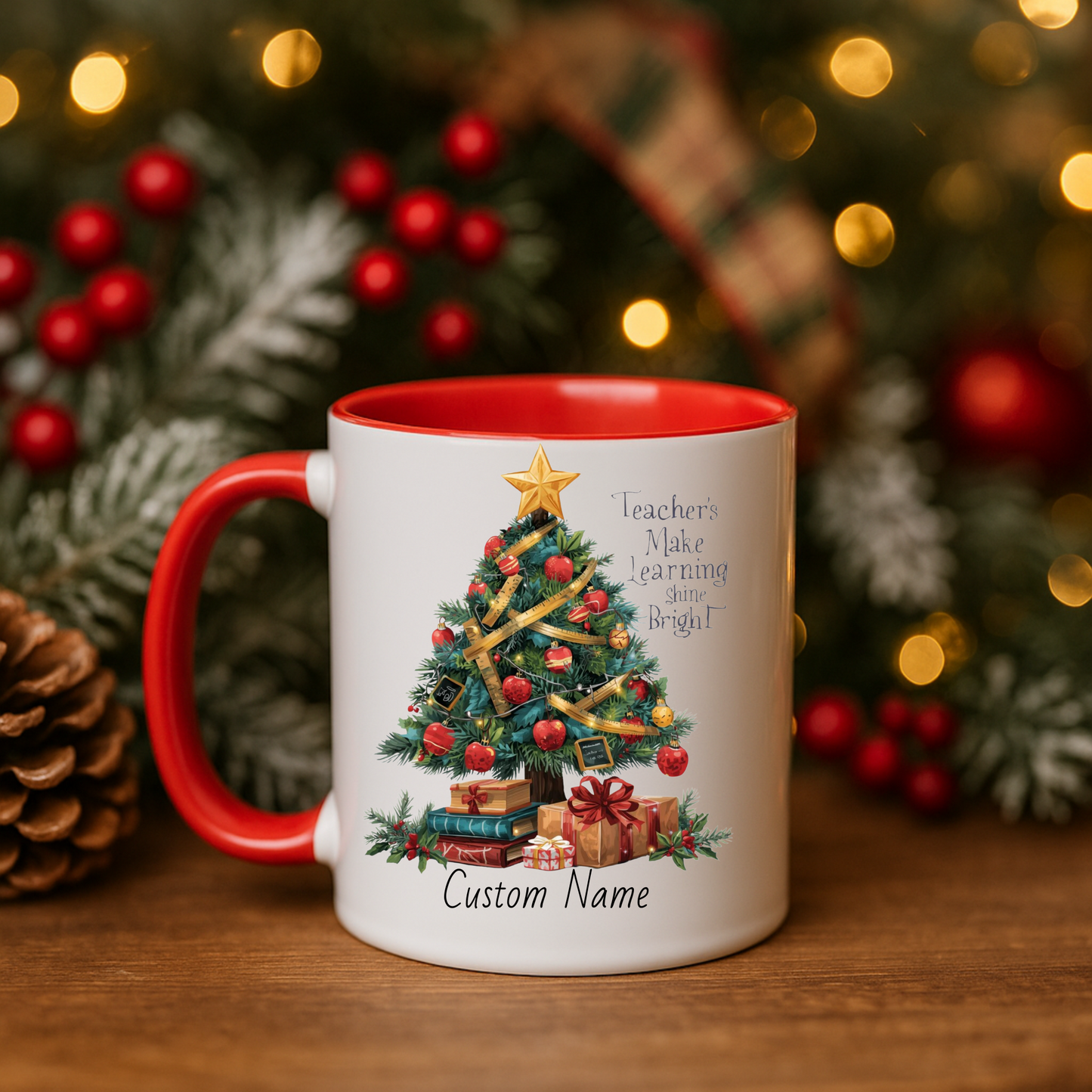 Personalized Christmas teacher mug with festive tree design, custom name, red handle, perfect holiday gift.
