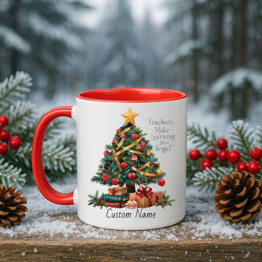 Personalized Christmas teacher mug with festive tree design, custom name, red handle, perfect holiday gift.