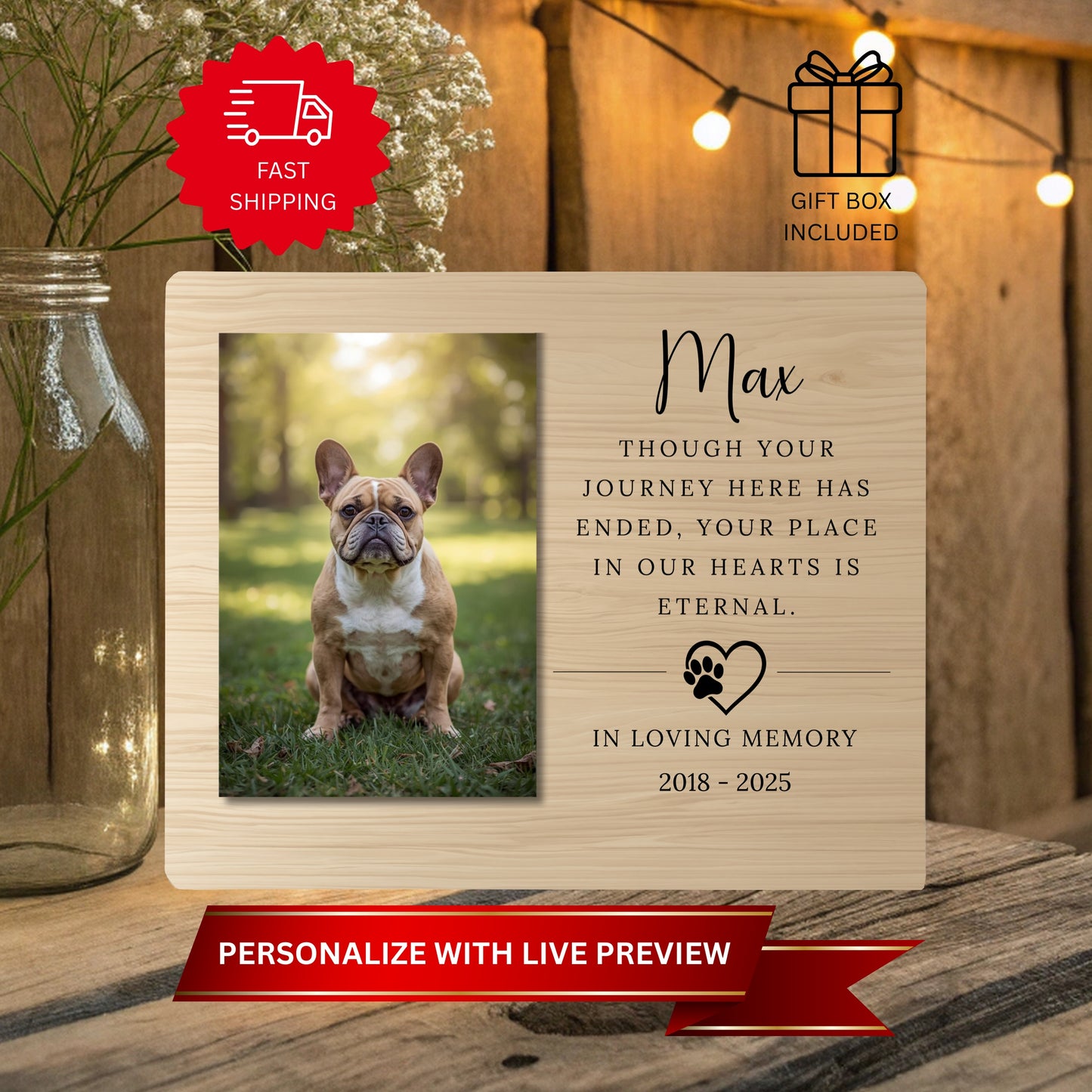 Personalized Dog Memorial Picture Frame: Pet Memorial Gifts, Custom Pet Loss Keepsake, Pet Sympathy Plaque, Pet Remembrance, Pet Bereavement