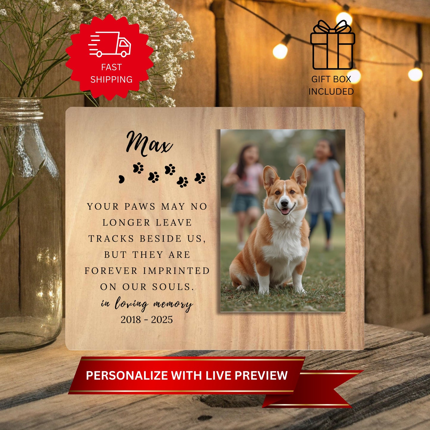 Personalized Dog Memorial Picture Frame: Pet Memorial Gifts, Custom Pet Loss Keepsake, Pet Sympathy Plaque, Pet Remembrance, Pet Bereavement