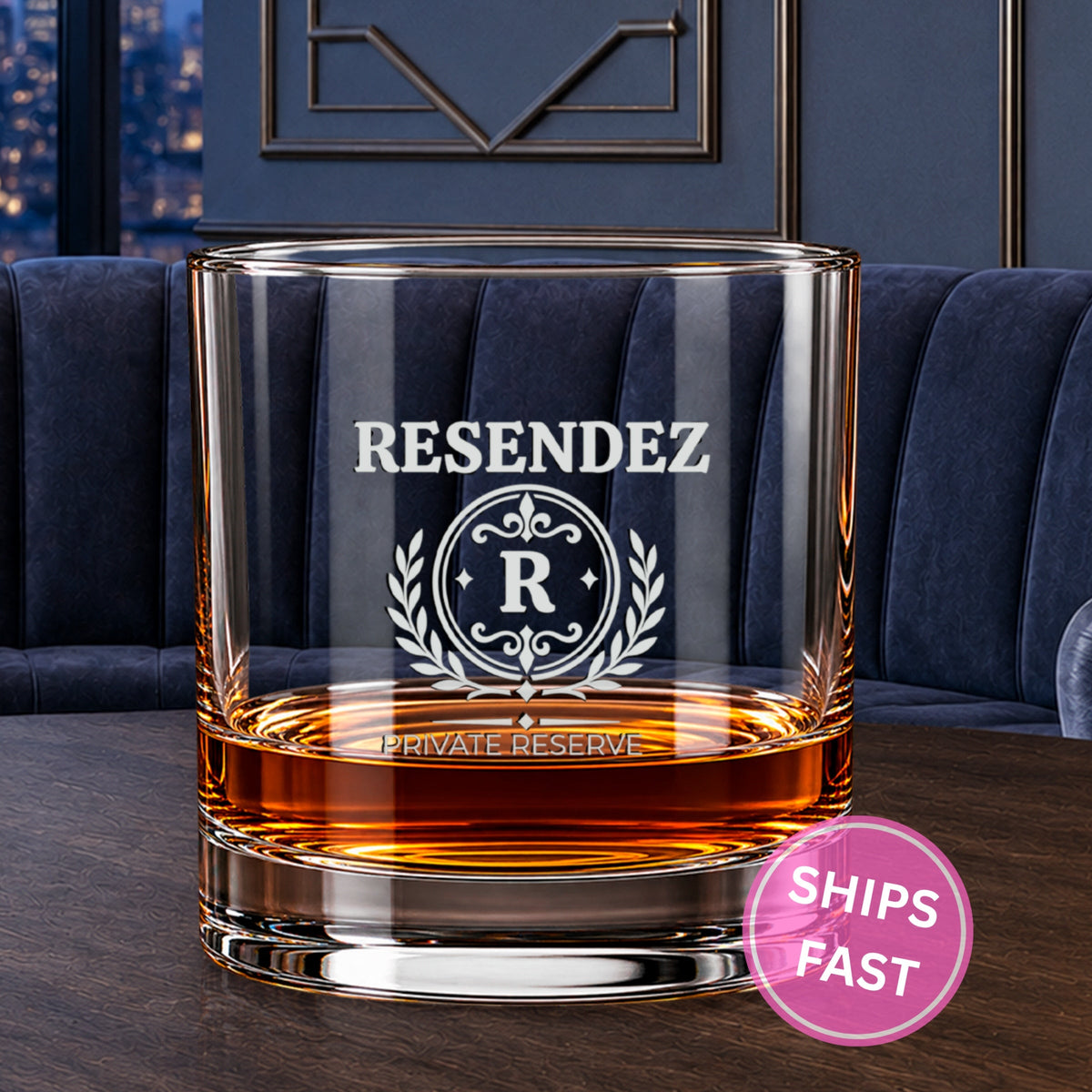 Ornamental Mark personalized engraved whiskey glass — image 1