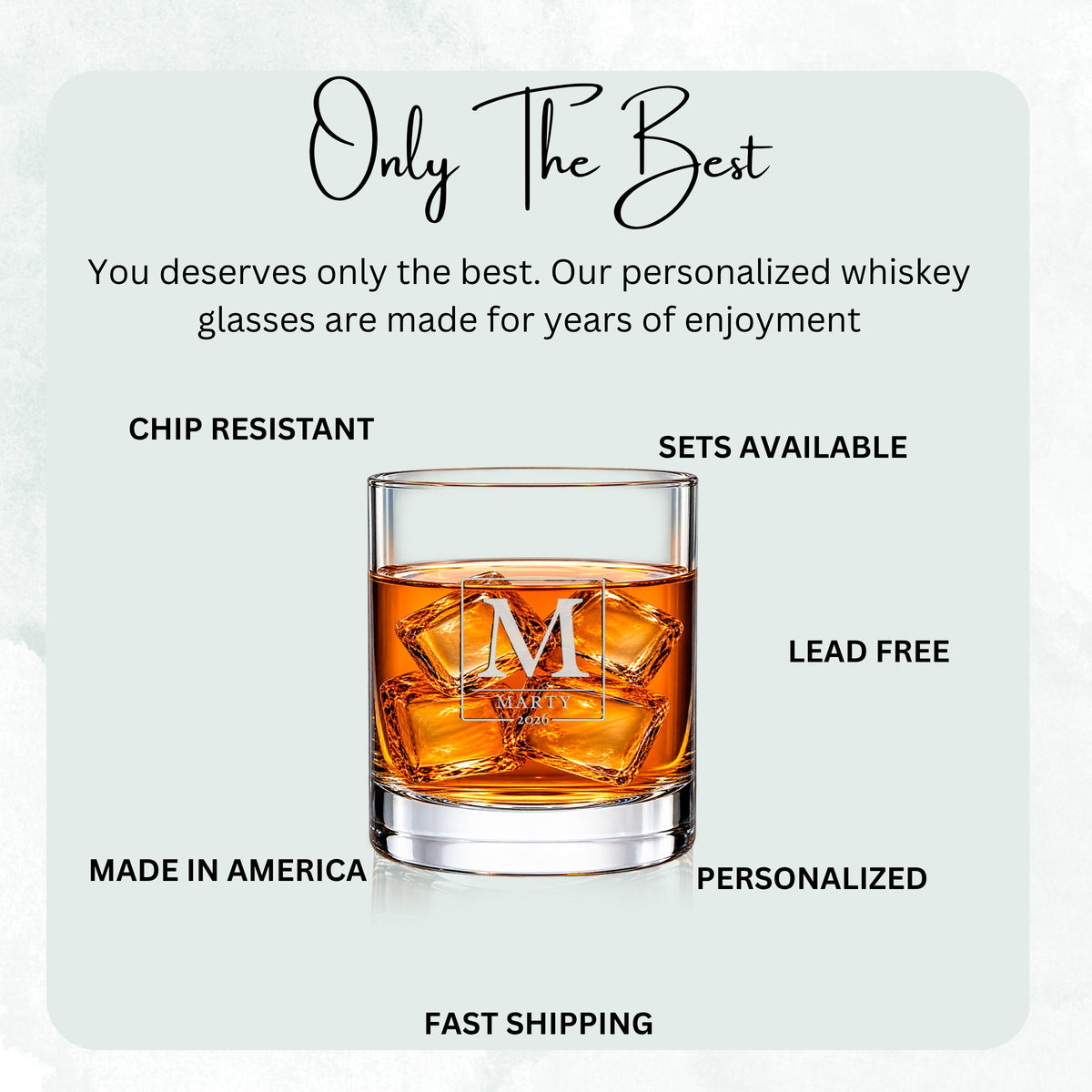 Features chart for the Initial & Name Monogram engraved glass: chip resistant, lead free, personalized, sets available