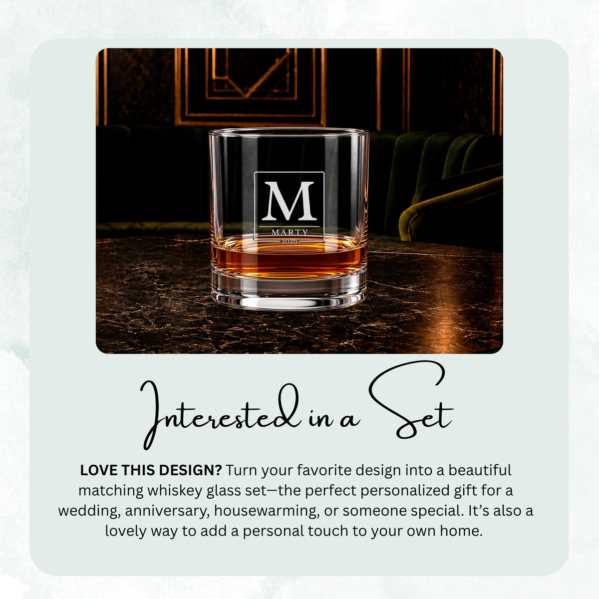 Four Initial & Name Monogram engraved whiskey glasses lined up on a bar, showing a matching set