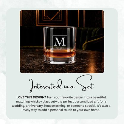Four Initial & Name Monogram engraved whiskey glasses lined up on a bar, showing a matching set