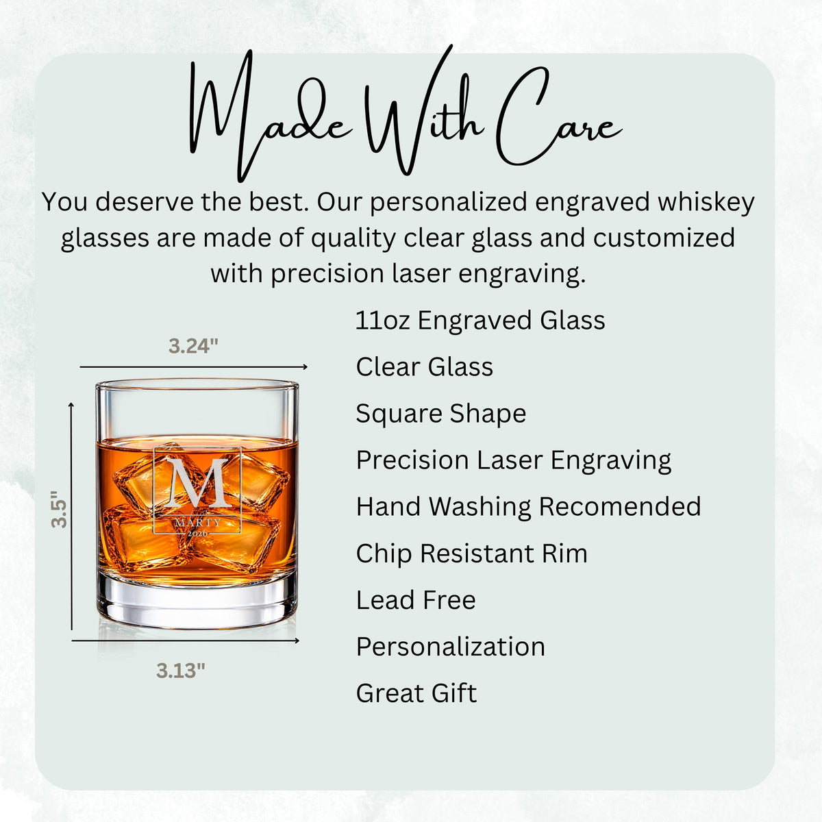 Made With Care chart for the Initial & Name Monogram engraved glass: 11 oz clear glass, 3.5 in tall, laser engraved
