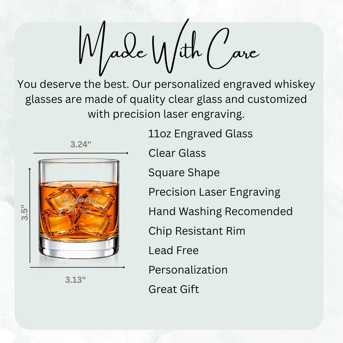 Made With Care chart for the Signature Est. Script engraved glass: 11 oz clear glass, 3.5 in tall, laser engraved