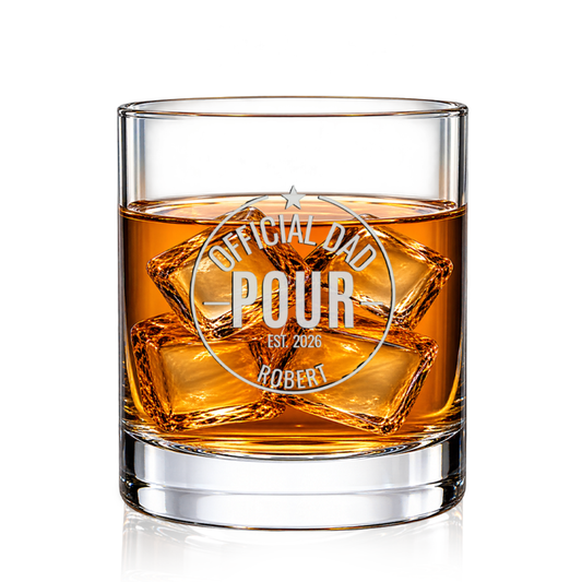 DESIGN D - Official Dad Pour personalized engraved whiskey glass with whiskey and ice on a white background