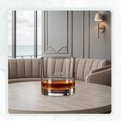 DESIGN B - Make It a Double personalized engraved whiskey glass on a round table in a lounge
