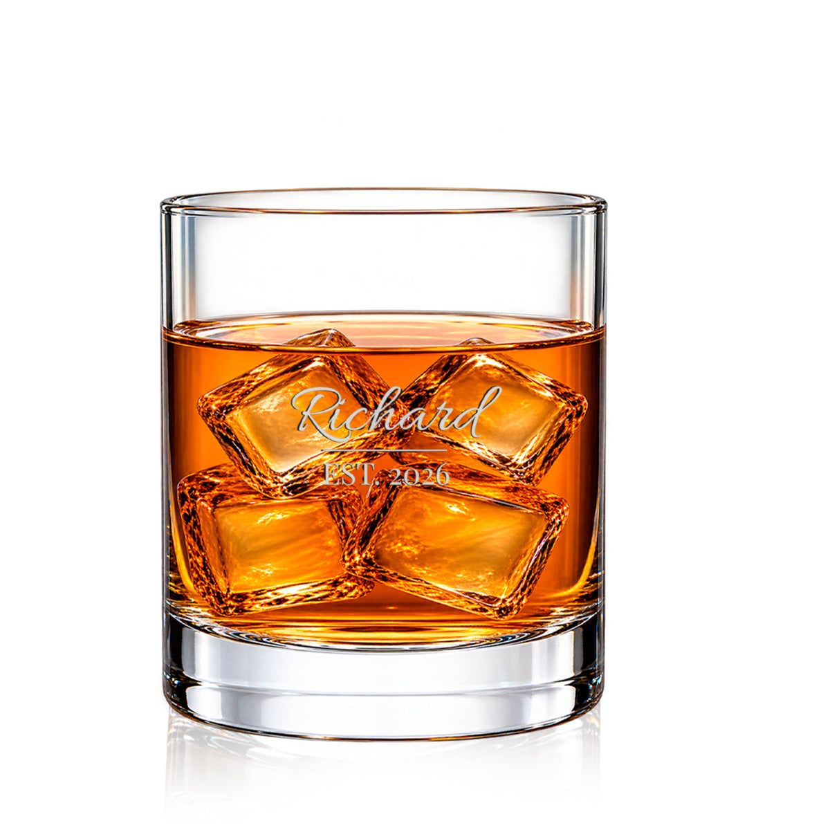 DESIGN D - Signature Est. Script personalized engraved whiskey glass with whiskey and ice on a white background
