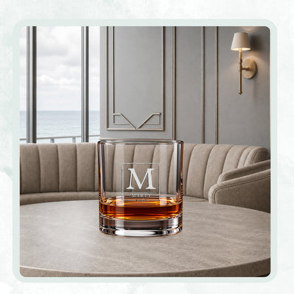 DESIGN A - Initial & Name Monogram personalized engraved whiskey glass on a round table in a lounge