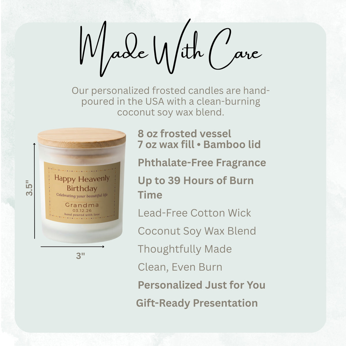 Product details and size diagram for the Happy Heavenly Birthday personalized frosted candle
