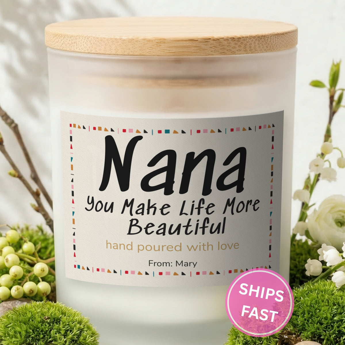 You Make Life More Beautiful personalized frosted candle with bamboo lid in a lifestyle scene with greenery