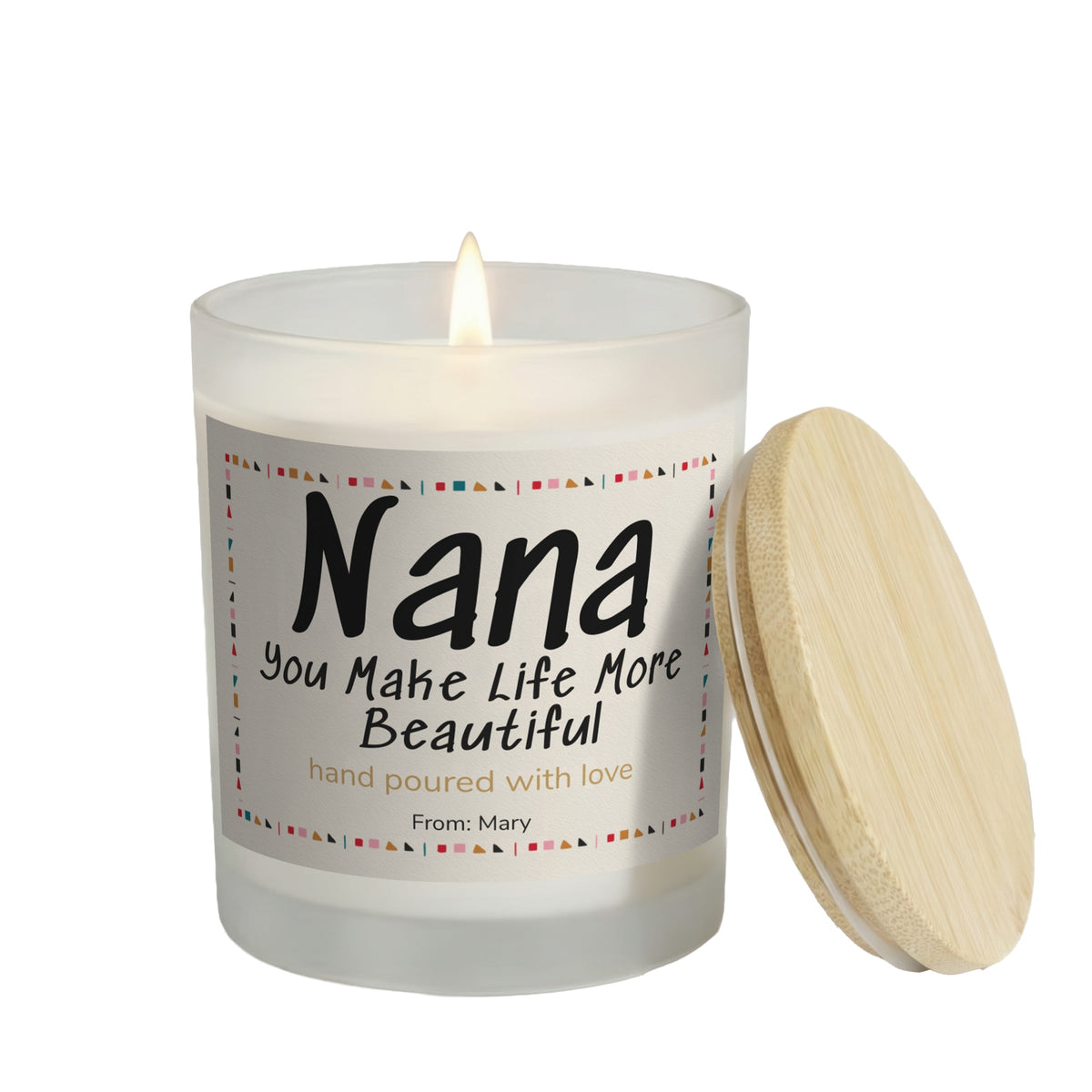 You Make Life More Beautiful personalized frosted candle, lit with the bamboo lid set aside, on a white background