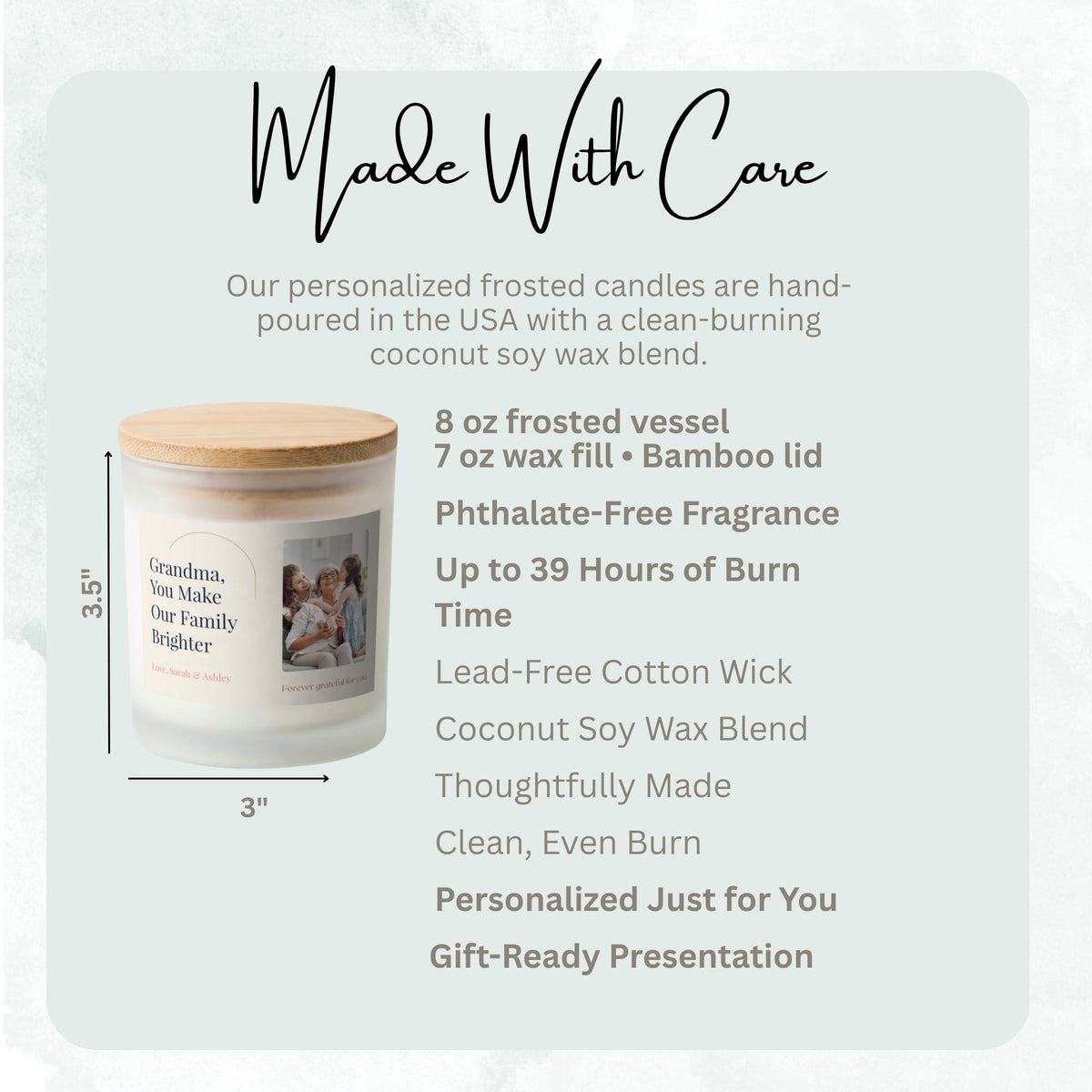 Product details and size diagram for the You Make Our Family Brighter personalized frosted candle