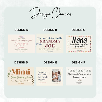 Design choices chart of DESIGN A to F frosted candle labels, including Christmas Is Warmer with Grandma