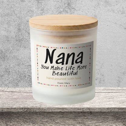 DESIGN C - You Make Life More Beautiful personalized frosted candle on a stone backdrop