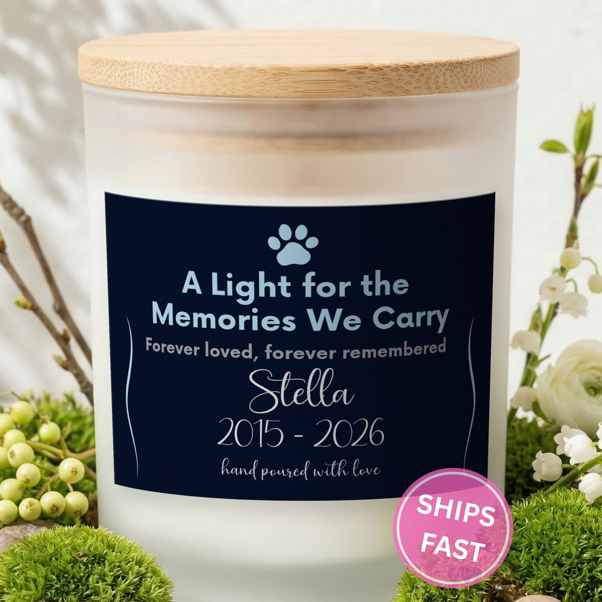 A Light for the Memories We Carry personalized frosted candle with bamboo lid in a lifestyle scene with greenery