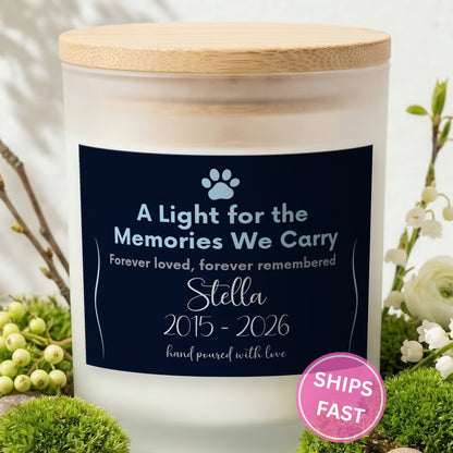 A Light for the Memories We Carry personalized frosted candle with bamboo lid in a lifestyle scene with greenery