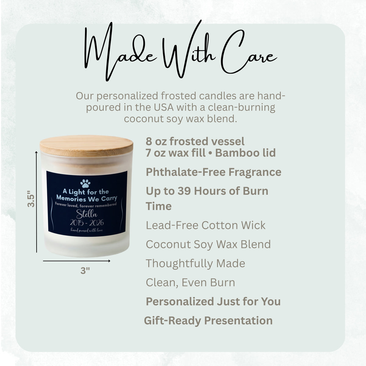 Product details and size diagram for A Light for the Memories We Carry personalized frosted candle