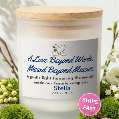 A Love Beyond Words personalized frosted candle with bamboo lid in a lifestyle scene with greenery