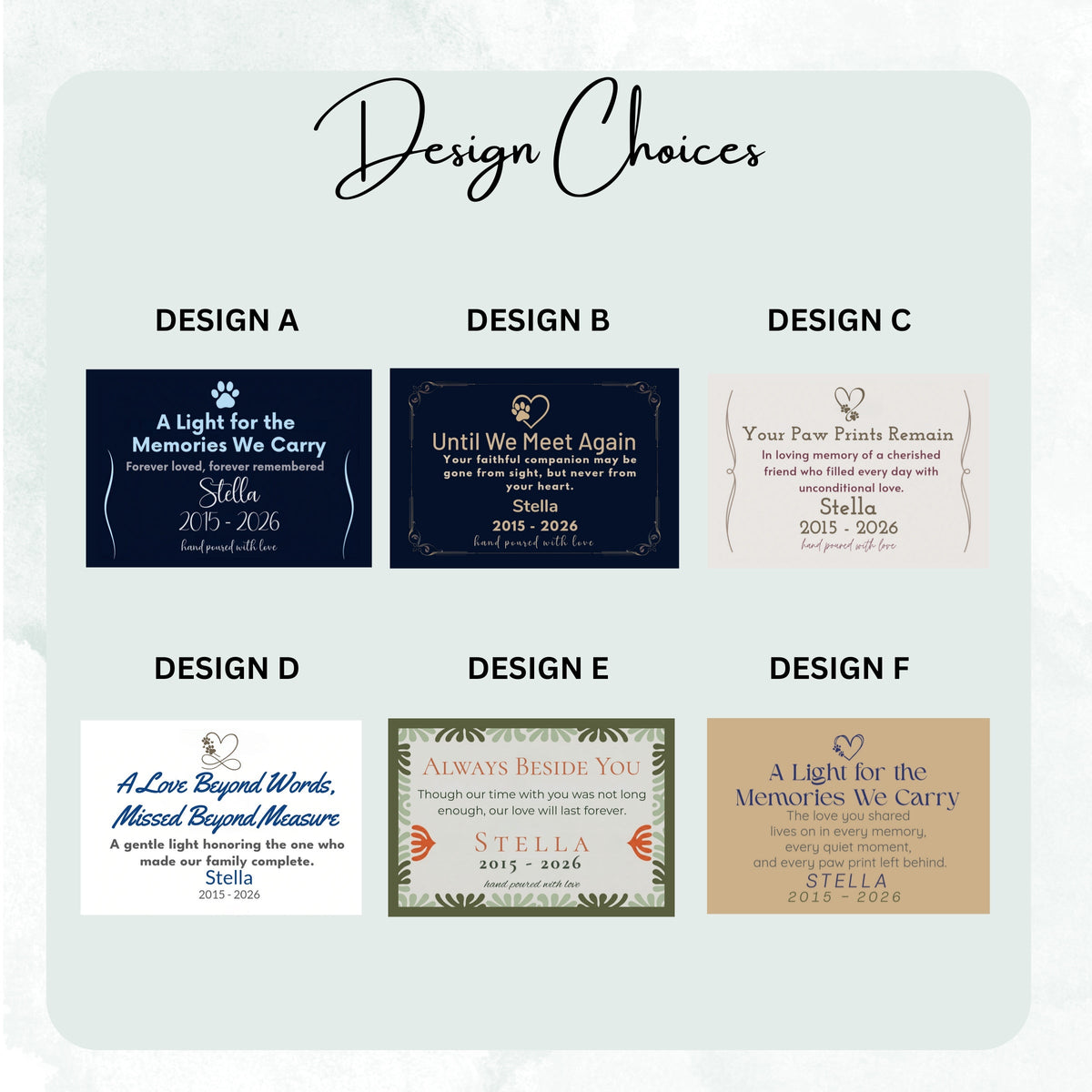 Design choices chart of DESIGN A to F frosted candle labels, including A Love Beyond Words