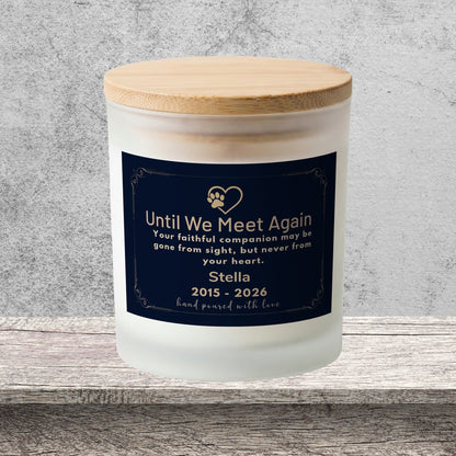 DESIGN B - Until We Meet Again personalized frosted candle on a stone backdrop