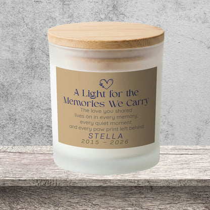 DESIGN F - Every Paw Print Left Behind personalized frosted candle on a stone backdrop