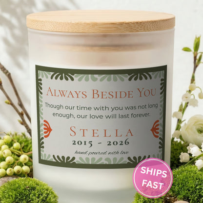 Always Beside You personalized frosted candle with bamboo lid in a lifestyle scene with greenery
