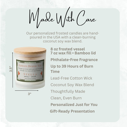 Product details and size diagram for the Always Beside You personalized frosted candle