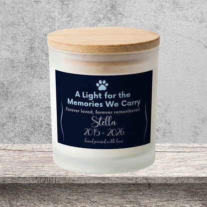 DESIGN A - A Light for the Memories We Carry personalized frosted candle on a stone backdrop