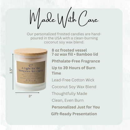Product details and size diagram for the Every Paw Print Left Behind personalized frosted candle