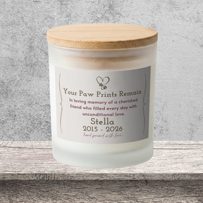 DESIGN C - Your Paw Prints Remain personalized frosted candle on a stone backdrop
