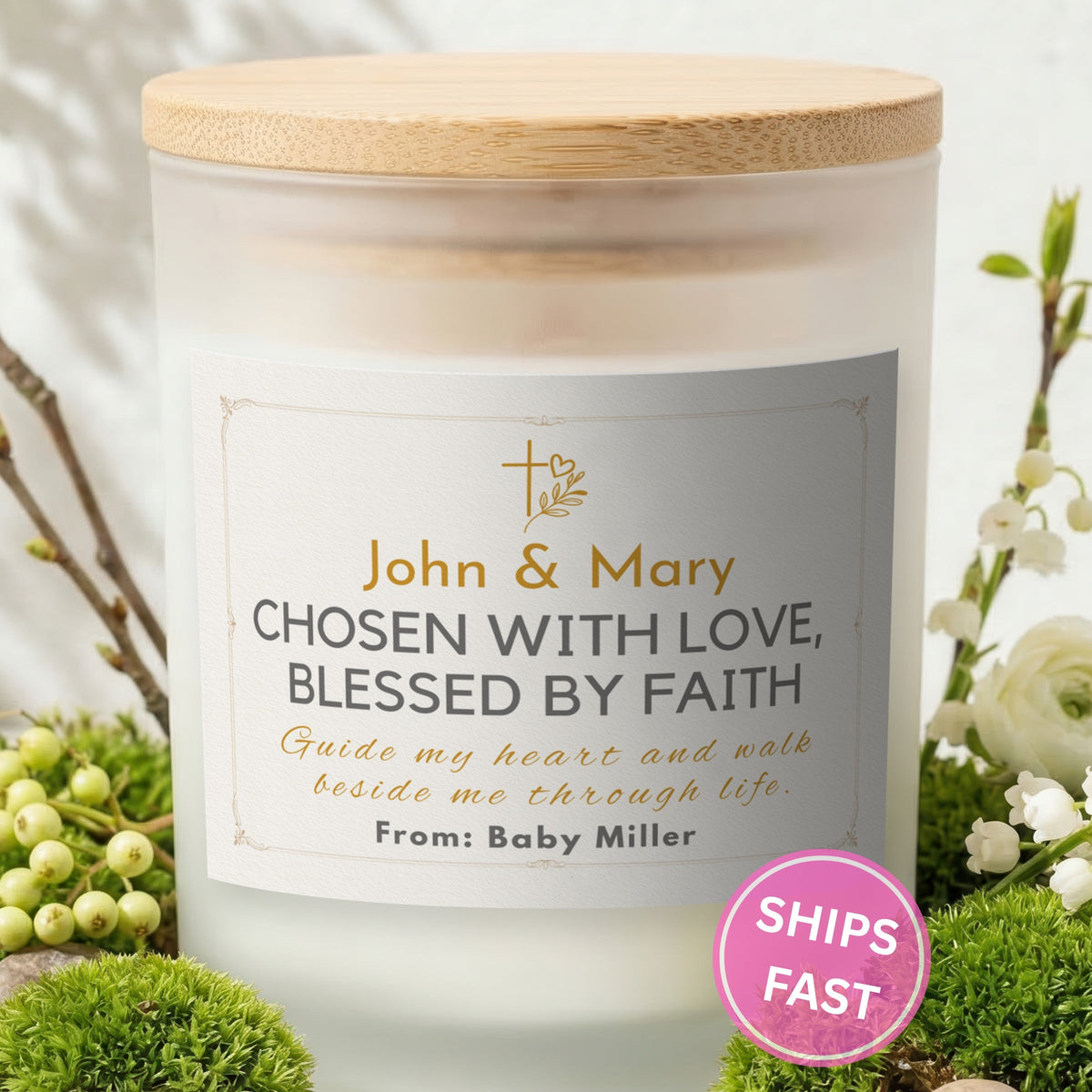 Chosen With Love, Blessed by Faith personalized frosted candle with bamboo lid in a lifestyle scene with greenery