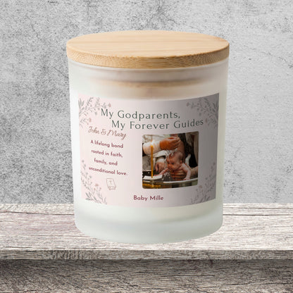 DESIGN F - My Godparents, My Forever Guides personalized frosted candle on a stone backdrop
