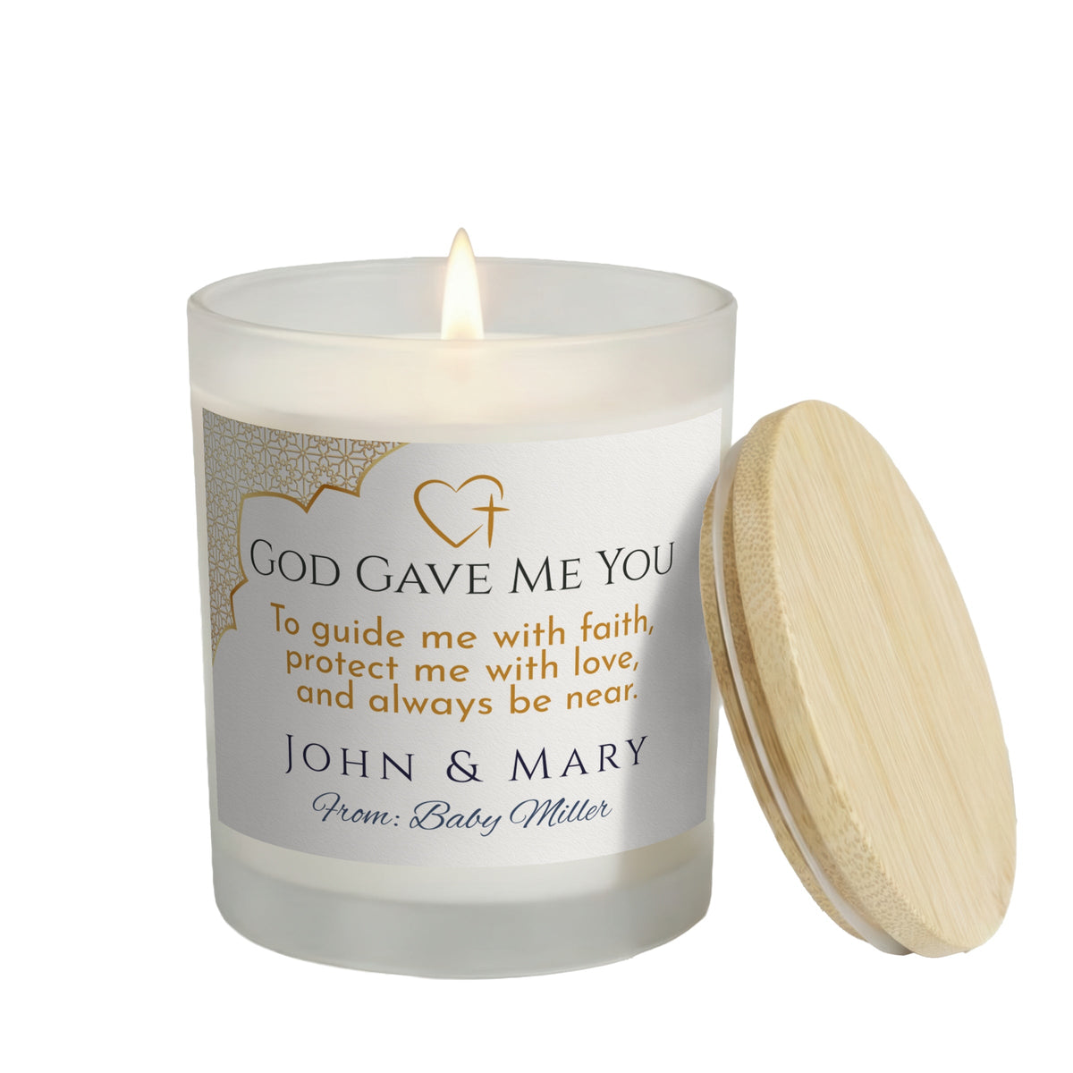 God Gave Me You personalized frosted candle, lit with the bamboo lid set aside, on a white background