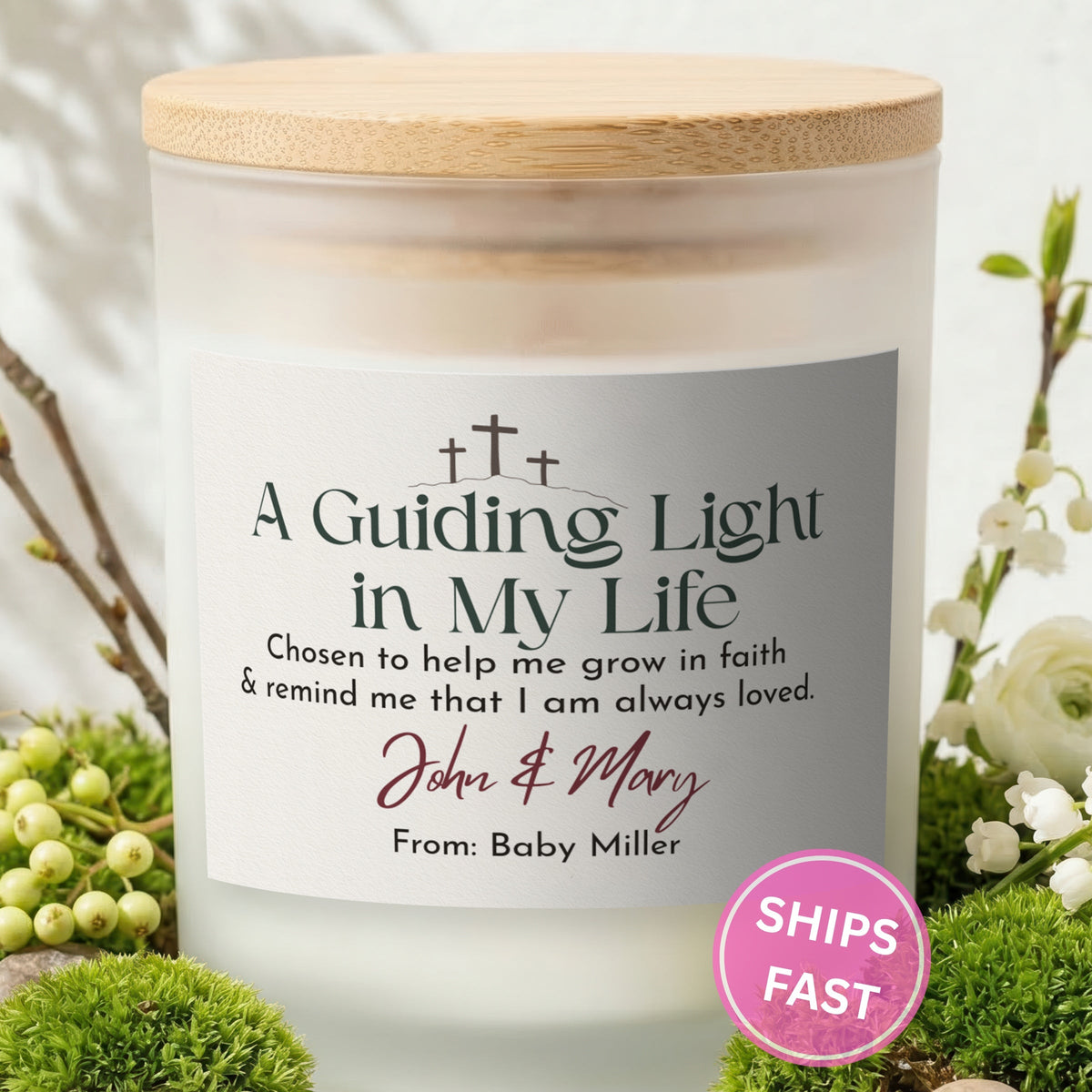 A Guiding Light in My Life personalized frosted candle with bamboo lid in a lifestyle scene with greenery