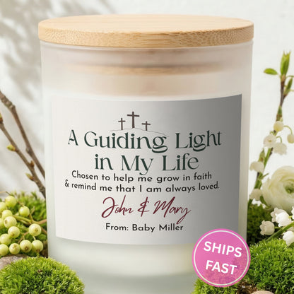 A Guiding Light in My Life personalized frosted candle with bamboo lid in a lifestyle scene with greenery